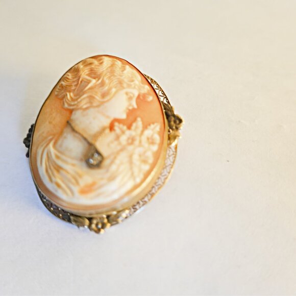 Cameo Vintage Brooch Pendant with genuine Diamond - Picture 2 of 3